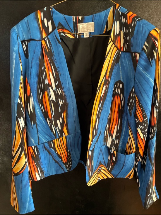 Alberto Makali Jackets & Blazers - Alberto Makali Blue & Orange Butterfly Printed Open-Front Blazer